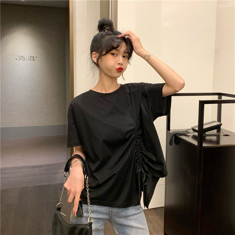 IELGY plus size women's summer drawstring irregular design sense loose short-sleeved t-shirt