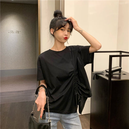 IELGY plus size women's summer drawstring irregular design sense loose short-sleeved t-shirt