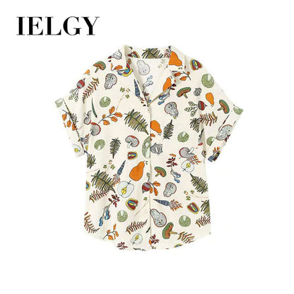 IELGY summer retro picnic print shirt blouse design loose temperament short-sleeved shirt