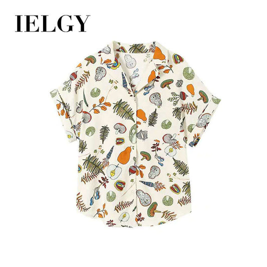 IELGY summer retro picnic print shirt blouse design loose temperament short-sleeved shirt