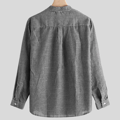IELGY Printing Shirts Long sleeves Lapel Linen Black European and American Stripes Fashion Men's clothes