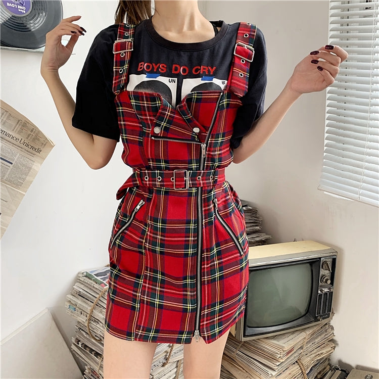 IELGY High Waist Plaid Dress  Shoulder strap temperament skirt, high waist, slim, plaid color matching zipper design skirt