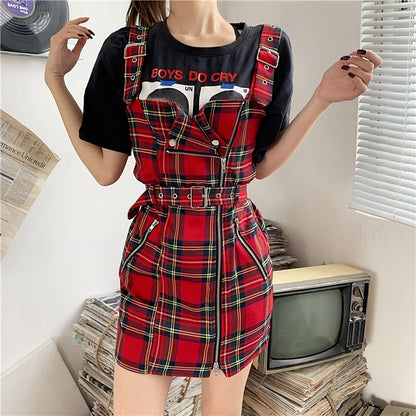 IELGY High Waist Plaid Dress  Shoulder strap temperament skirt, high waist, slim, plaid color matching zipper design skirt