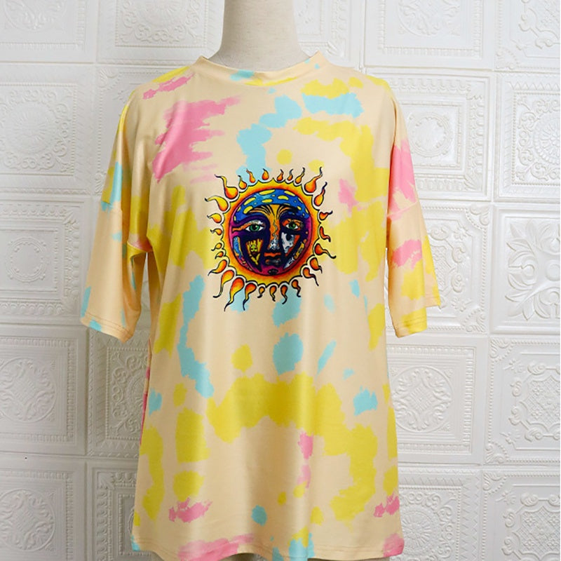 IELGY summer new women's casual short-sleeved sun print fashion loose slim slimming pullover T-shirt