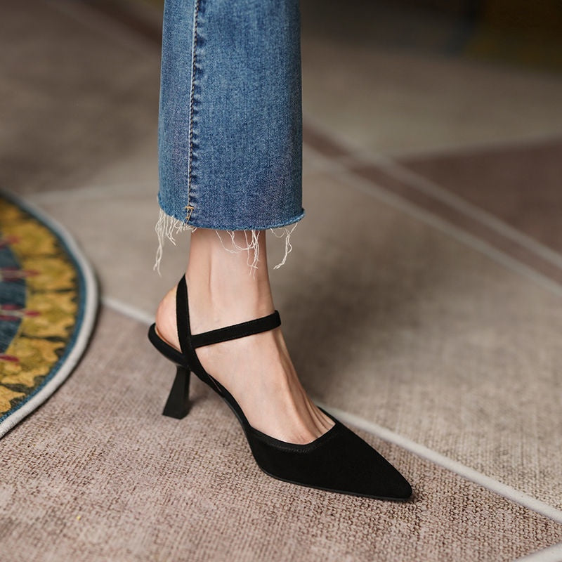 IELGY French mid-high heel toe cap sandals female buckle strap temperament stiletto pointed toe