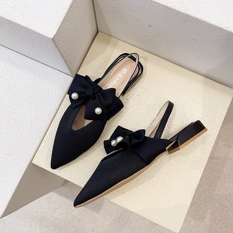 IELGY Baotou sandals female pointed thick heel with bowknot pearl fairy style