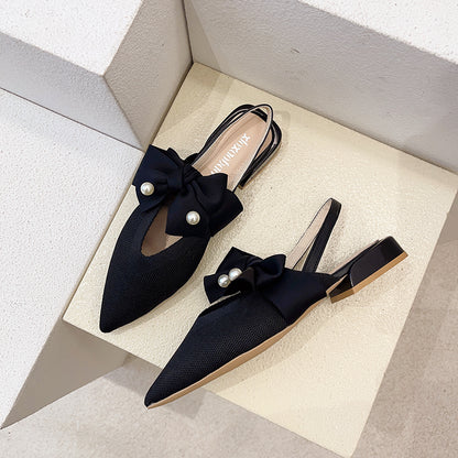 IELGY Baotou sandals female pointed thick heel with bowknot pearl fairy style