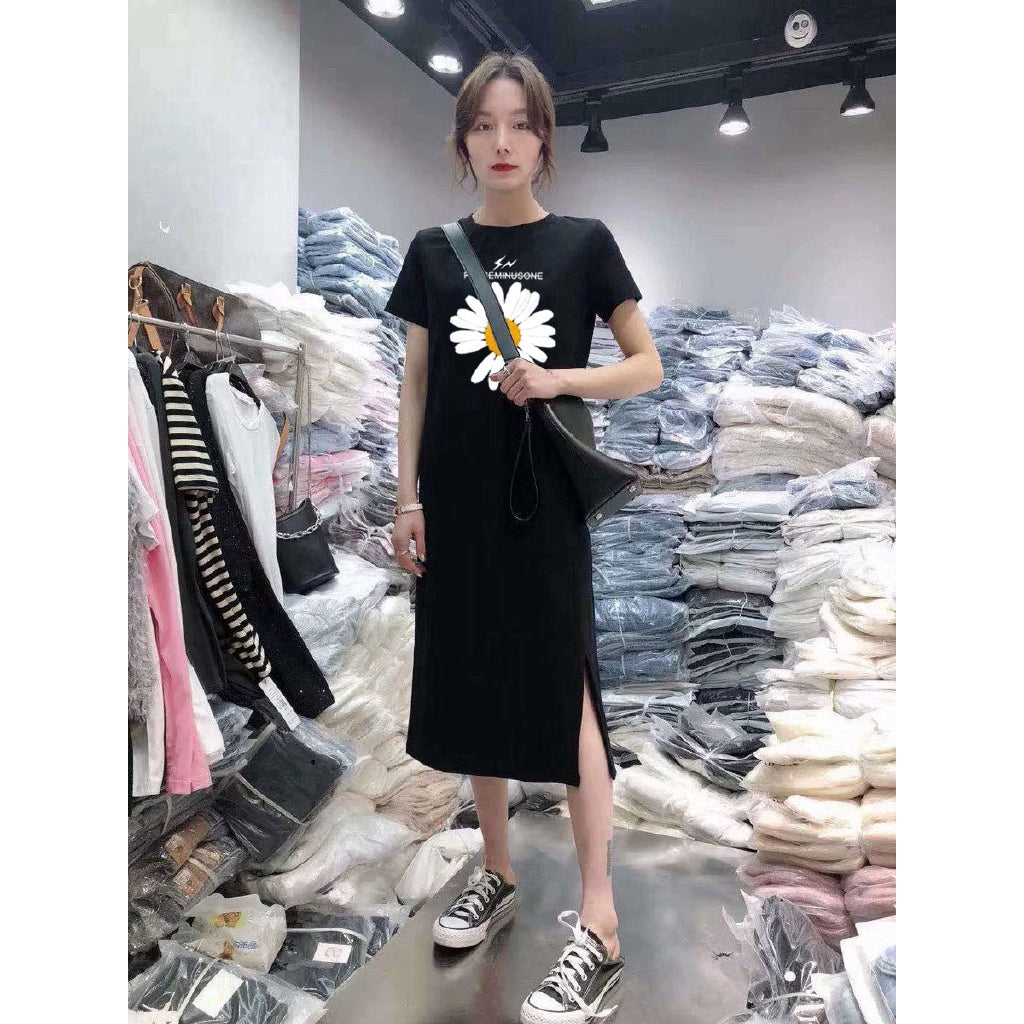 IELGY Summer split dress short sleeve casual loose skirt