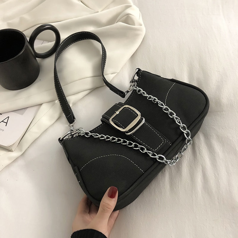 IELGY fashion solid color chain shoulder bag with belt buckle decoration