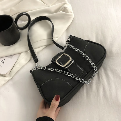 IELGY fashion solid color chain shoulder bag with belt buckle decoration