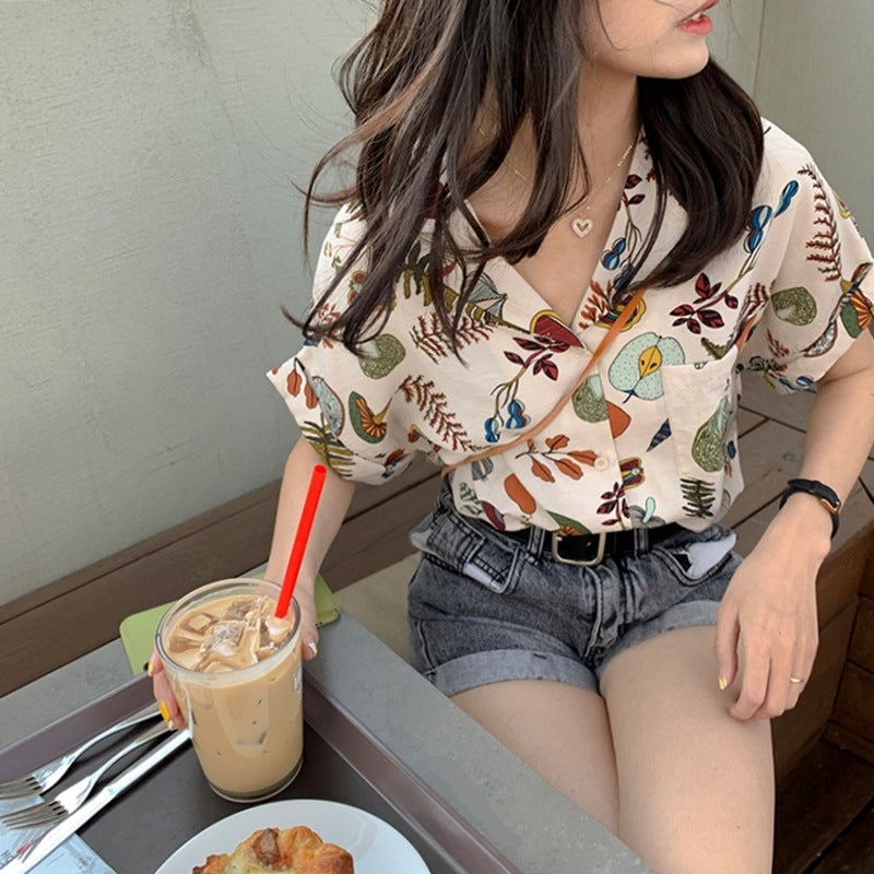 IELGY summer retro picnic print shirt blouse design loose temperament short-sleeved shirt