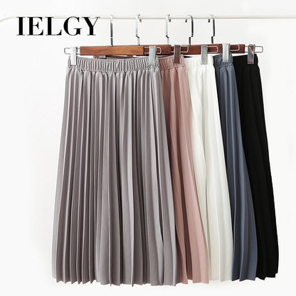 IELGY Temperament pleated skirt mid-length skirt elastic waist solid color wild skirt