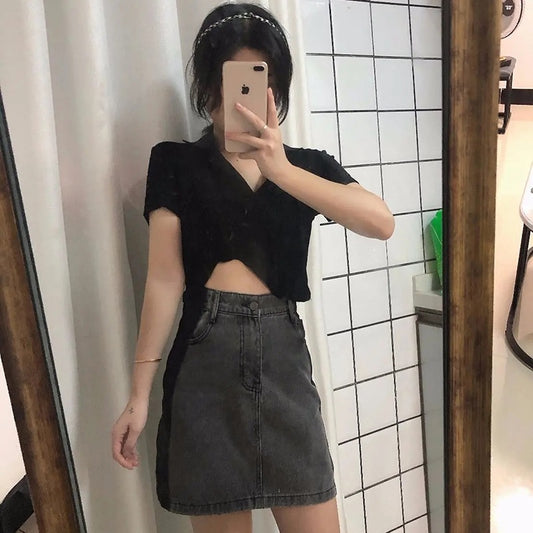 IELGY high-waist slim denim skirt versatile color contrast design