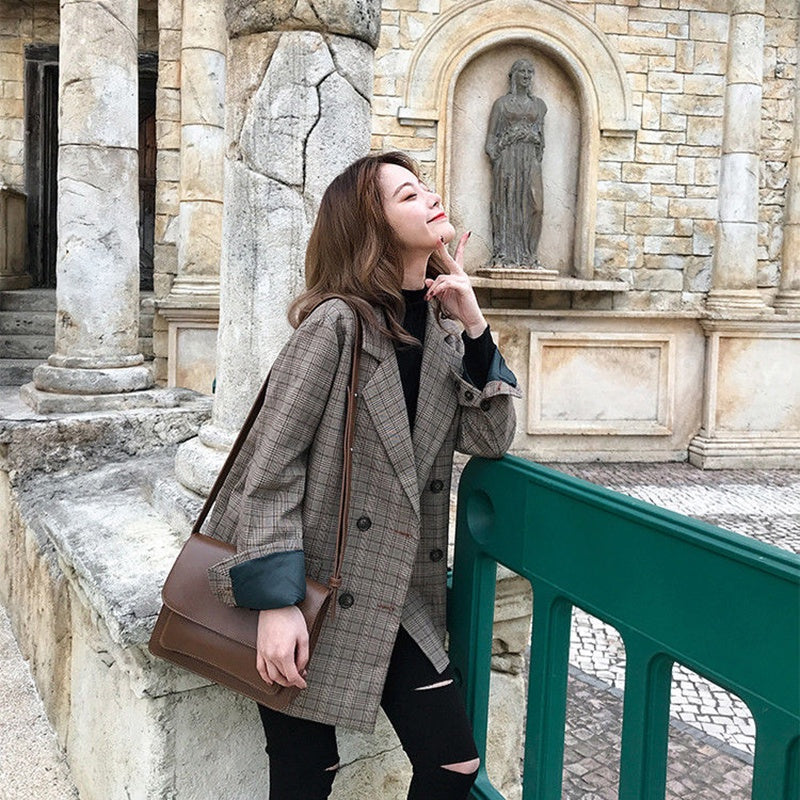 IELGY fashion small suit jacket women loose Korean retro plaid