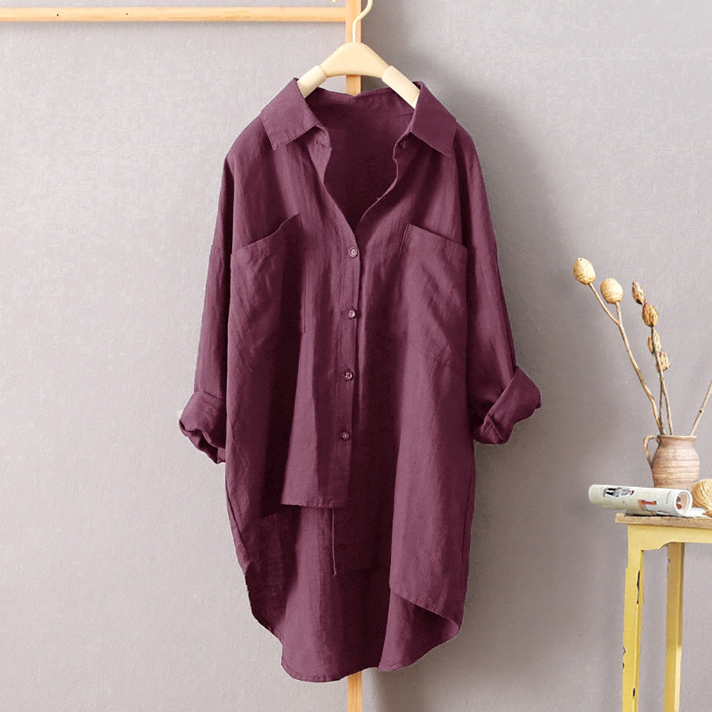 IELGY Casual style solid color shirt autumn wild new women's cardigan double pocket long sleeve temperament top