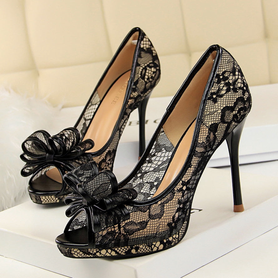 IELGY Fishtail High Heels Sexy Lace 9.5cm Stiletto Shallow Hollow Hollow Mesh Bow Women's Shoes
