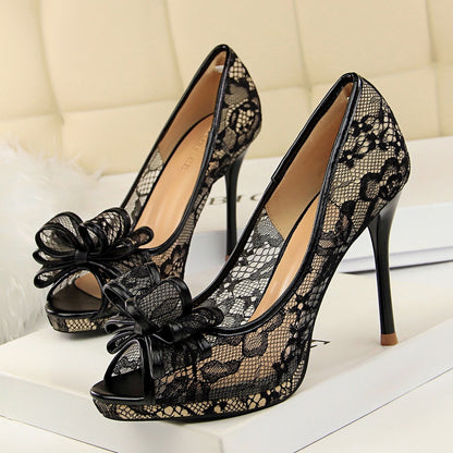 IELGY Fishtail High Heels Sexy Lace 9.5cm Stiletto Shallow Hollow Hollow Mesh Bow Women's Shoes