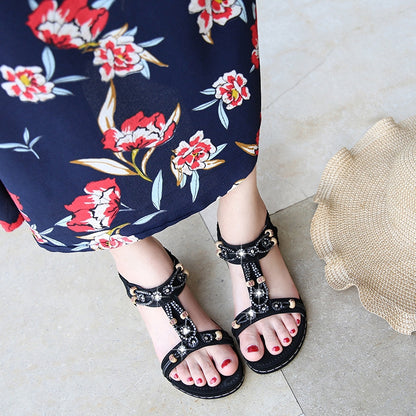 IELGY [Size35-42] large size sandals women's casual word with round head flat beach shoes women