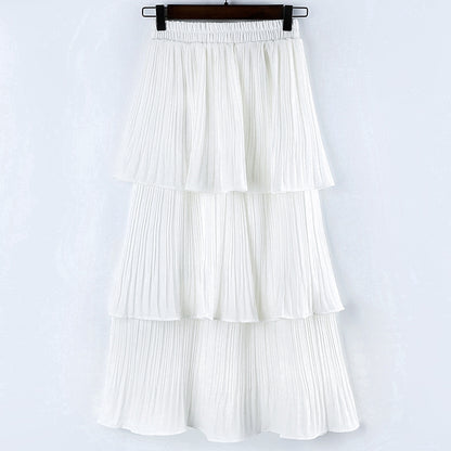IELGY Korean version of chiffon white student thick pleated midi skirt cupcake dress