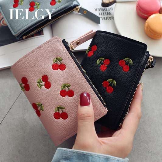 IELGY vertical cherry embroidery short ladies small wallet