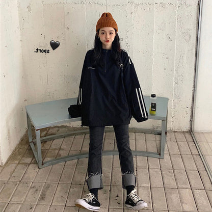 IELGY Women's clothes hoodies thin stripes all-match zippers tops fashion casual Korean