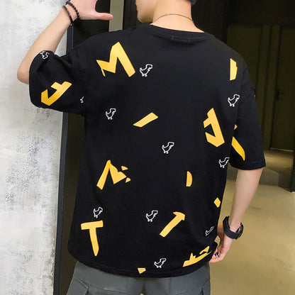 IELGY cotton black round neck half sleeves Short-sleeved T-shirt bottoming shirt comfortable breathable loose cartoon print man not easy to start