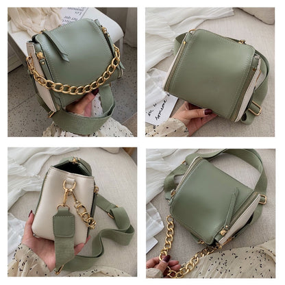 IELGY Contrast Chain Portable Bucket Bag Broadband Shoulder Crossbody Bag