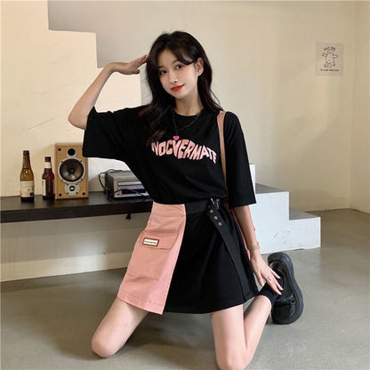 IELGY short-sleeved two-piece female design dress trend Large size cover meat suit