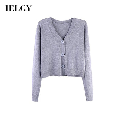 IELGY Women's clothes Jacket Simple Short Thin Knitted sweater Top Black V-neck Long-sleeved