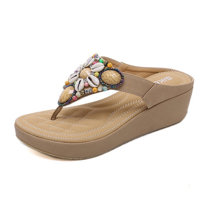 IELGY Large size sandals women leisure beach bohemian beaded 5cm wedge