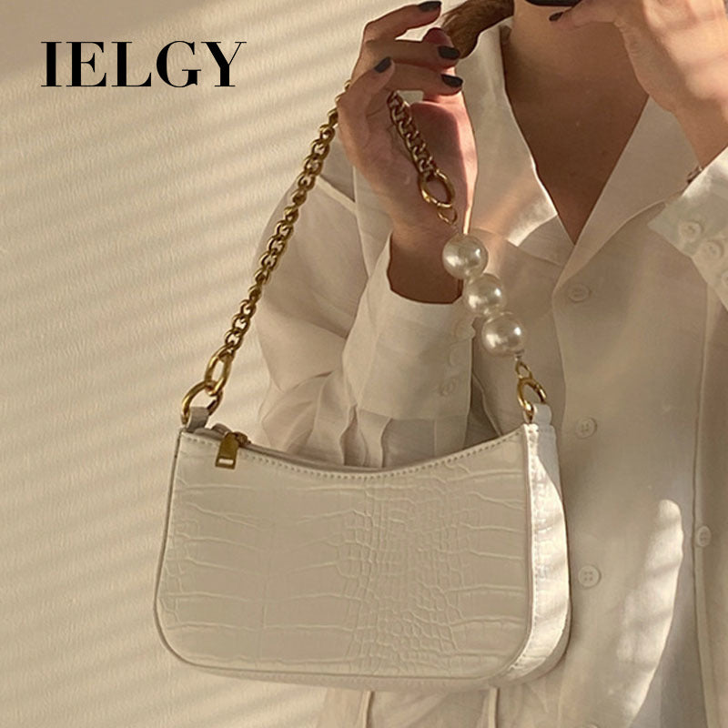 IELGY French retro crocodile-print pearl chain under the armpit bag female texture hundred with a one-shoulder sloping bag