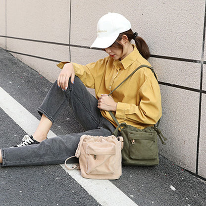 IELGY Korean version Women's bag multi-color optional large capacity canvas drawstring zipper crossbody bucket bag shoulder bag small cloth bag