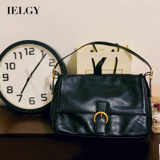 IELGY Large capacity Portable Black One shoulder Diagonal Magnetic buckle Flap Woman's bag Underarm Retro