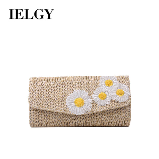 IELGY straw woven bag female fashion small daisy one shoulder messenger pearl chain bag