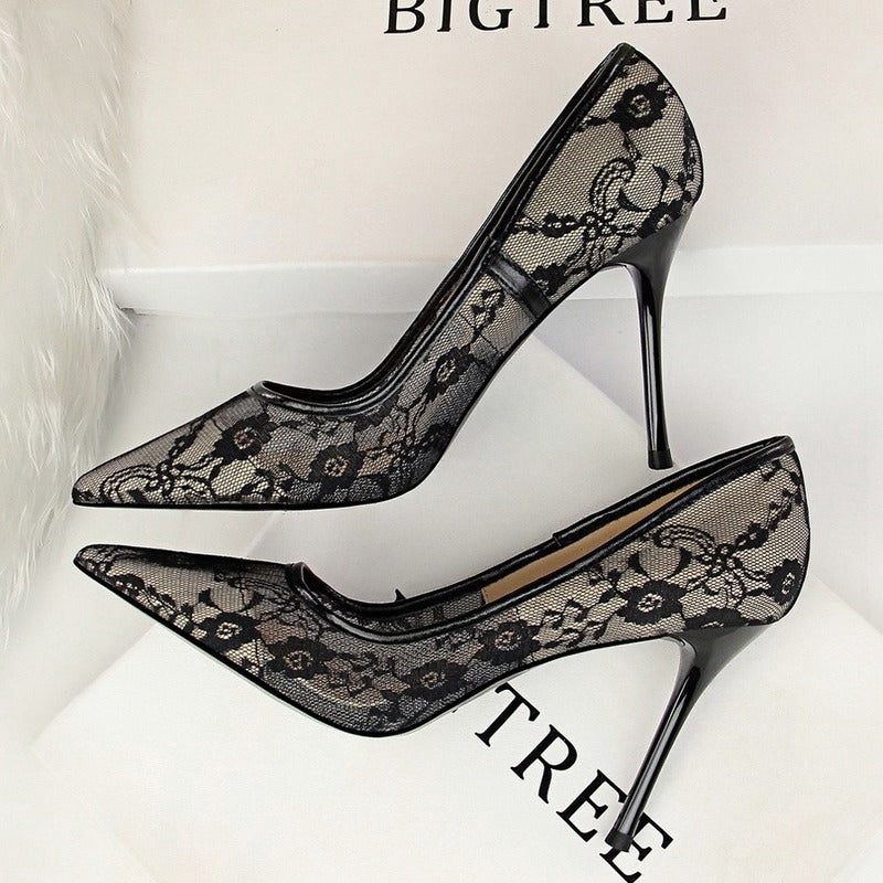 IELGY Sexy high-heeled women's shoes with stiletto pointed mesh cutout lace shoes