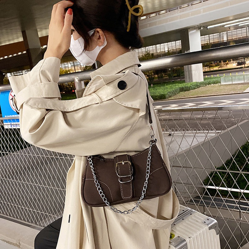 IELGY fashion solid color chain shoulder bag with belt buckle decoration