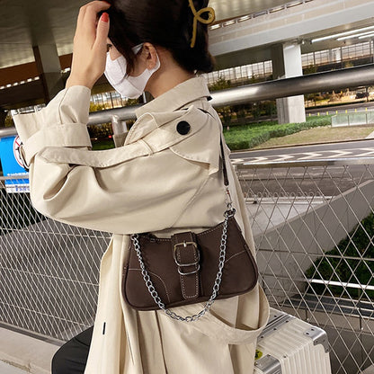 IELGY fashion solid color chain shoulder bag with belt buckle decoration
