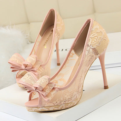 IELGY Fishtail High Heels Sexy Lace 9.5cm Stiletto Shallow Hollow Hollow Mesh Bow Women's Shoes
