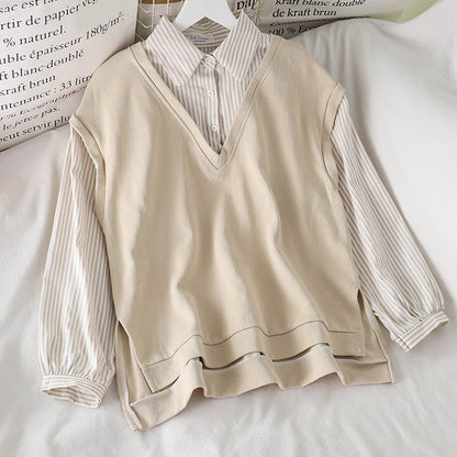 IELGY Women's clothes cream versatile fake two stitching long sleeves loose stripes sweater fashionable