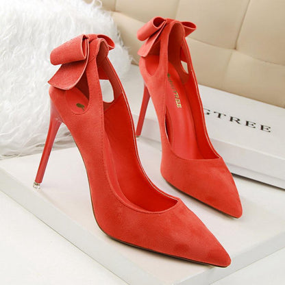 IELGY Suede High Heels Sweet 10.5cm Slim Heel Shallow Mouth Pierced Fashion Bow Women's Shoes