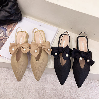 IELGY Baotou sandals female pointed thick heel with bowknot pearl fairy style