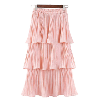 IELGY Korean version of chiffon white student thick pleated midi skirt cupcake dress