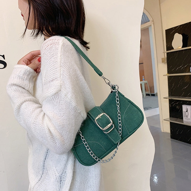 IELGY fashion solid color chain shoulder bag with belt buckle decoration