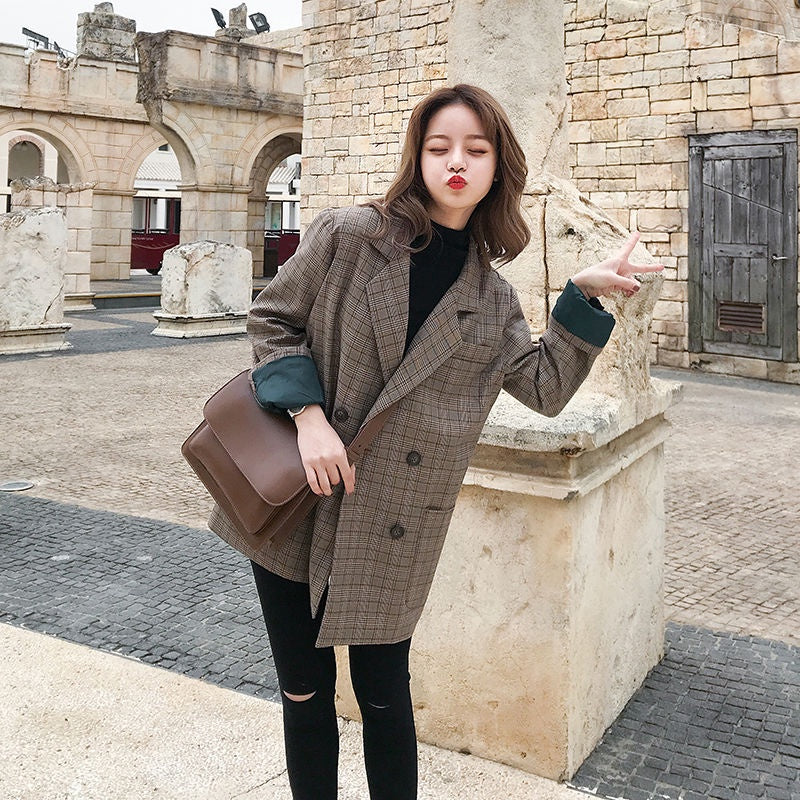 IELGY fashion small suit jacket women loose Korean retro plaid