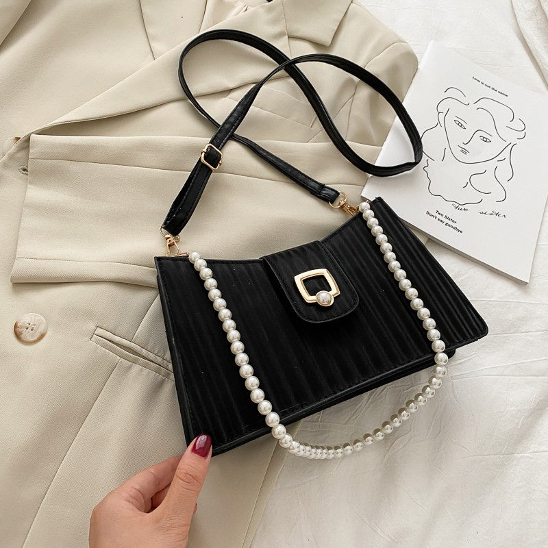 IELGY Women's bag casual square fashion crossbody one shoulder black PU versatile pearl