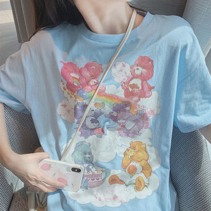 IELGY Women's clothes Blue Top Print Loose Short sleeve Bear T-shirt Casual Medium length
