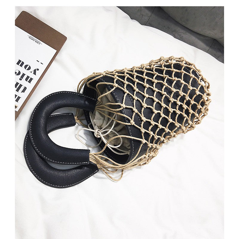 IELGY Fishing net bucket bag hand-woven rope grid hand bag