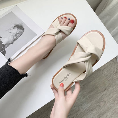 IELGY cross strap Korean woven surface all-match flat bottom women's slippers