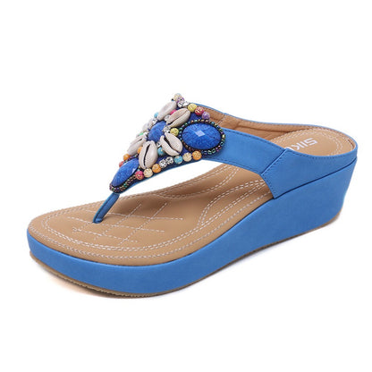 IELGY Large size sandals women leisure beach bohemian beaded 5cm wedge