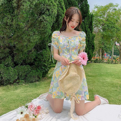 IELGY summer new style short-sleeved high-waisted a-line French square neck floral dress for women